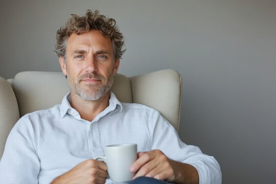 Portrait of a confident middle-aged man relaxing in an armchair while holding a mug