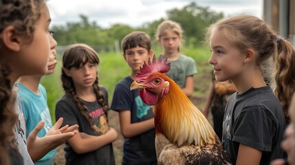 Fototapeta premium Children Learning About Farm Animals During Educational Field Trip
