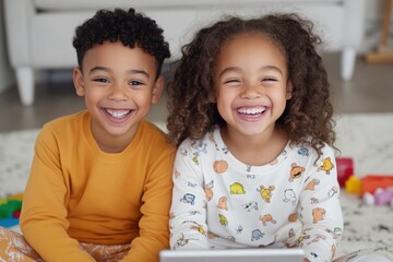 Fototapeta premium Portrait of two happy siblings wearing pajamas while using a tablet, sitting on a carpet at home, smiling and looking at camera