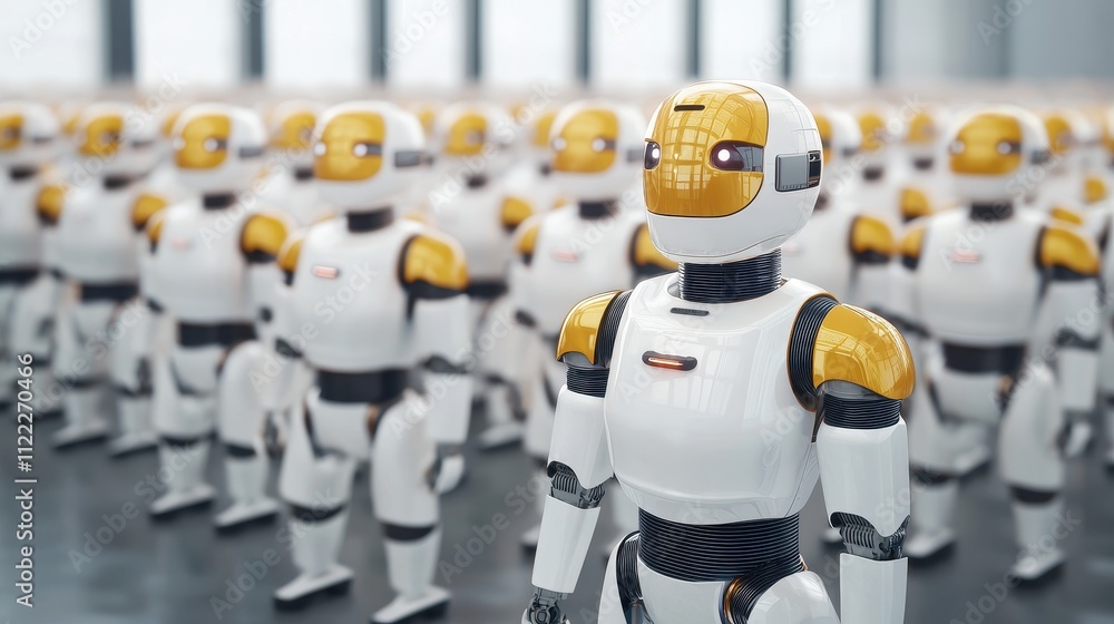 Poster a row of humanoid robots stands in formation, showcasing a futuristic design with metallic features 
