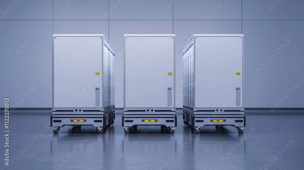 Poster three identical, modern storage containers are lined up in a minimalist, industrial space with clean