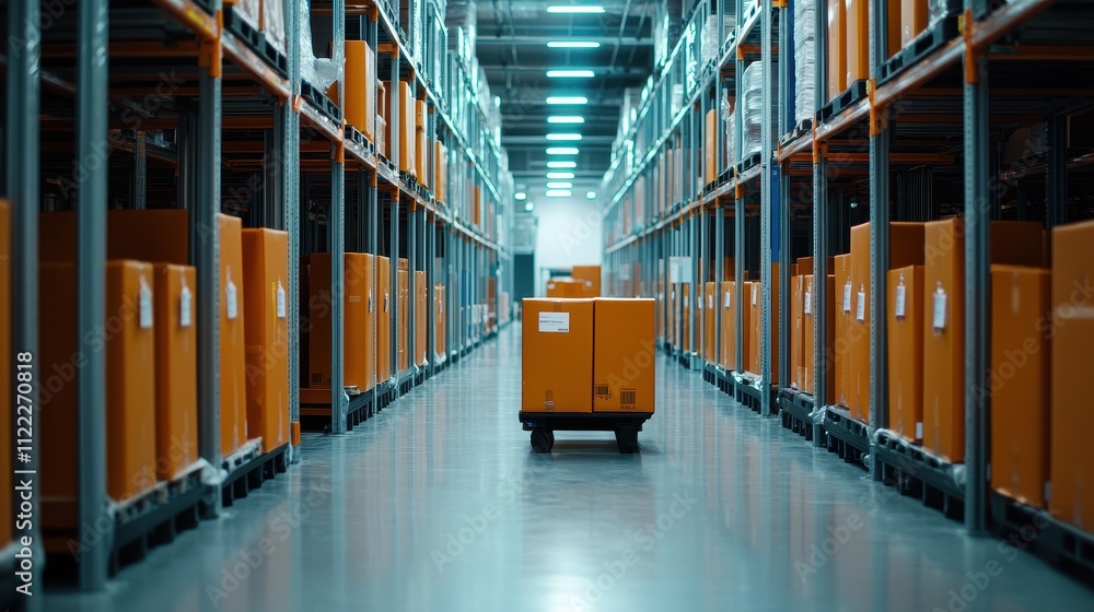 Poster a well-organized warehouse featuring rows of orange boxes and a cart, illuminated by bright overhead