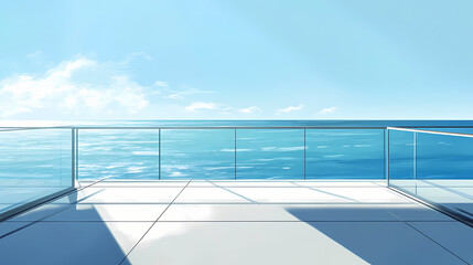 Obraz premium Sleek glass-railed balcony with sea breeze and ocean views, ocean view, balcony, breeze. Zephyr. Illustration