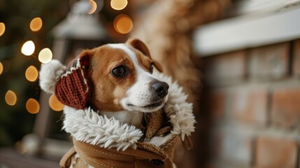 Cozy winter scene with a dog in earflap hat and warm coat amidst holiday lights