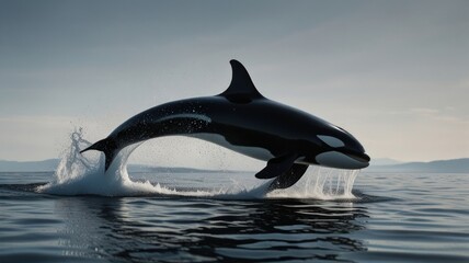 Obraz premium Orca whale leaping from ocean water.