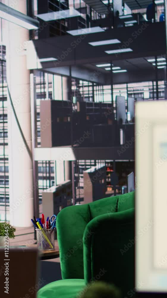 Poster vertical video empty conference room within a corporation designed for productivity, office space us