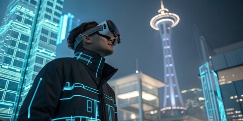 Futuristic urban exploration highlights virtual reality experience in a neon-lit cityscape at night