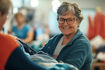 Happy senior volunteers sorting out donated clothes in community charity donation center.