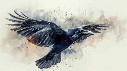 Watercolor painting of a crow in flight.