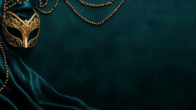 Gold masquerade mask with teal fabric and beads