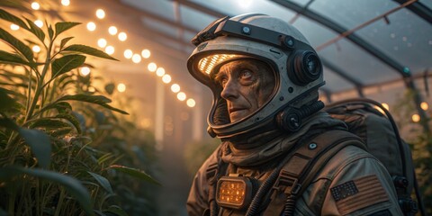 Fototapeta premium Astronaut explores a vibrant greenhouse filled with plants under soft glowing lights