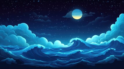 Obraz premium Blue Ocean Waves Crashing Under Night Sky