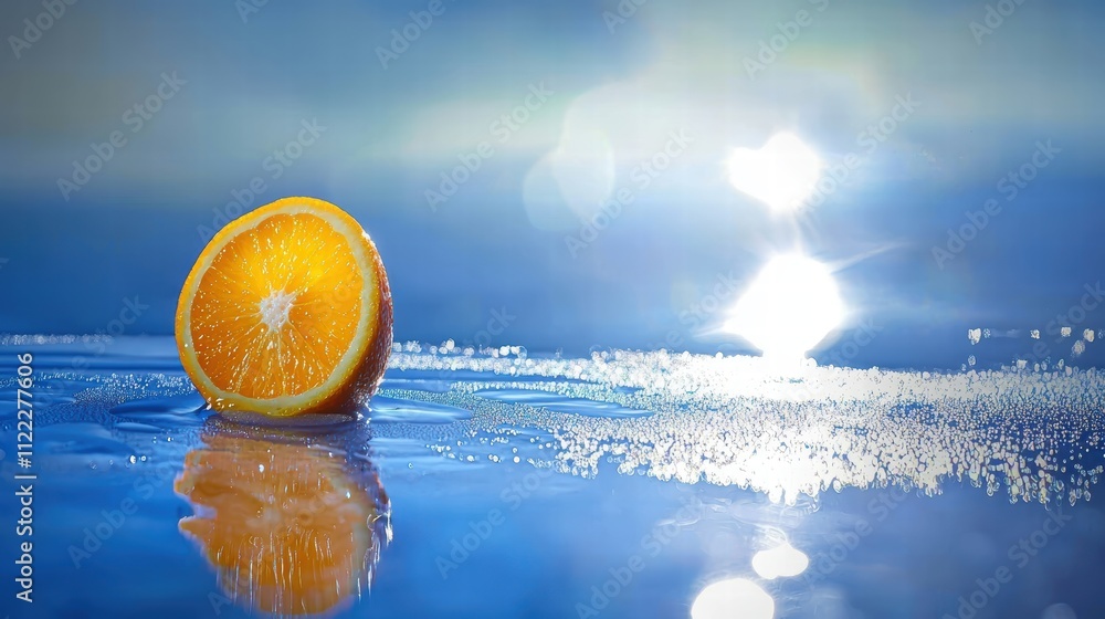 Aufkleber fresh orange slice floating on calm water with sparkling reflection