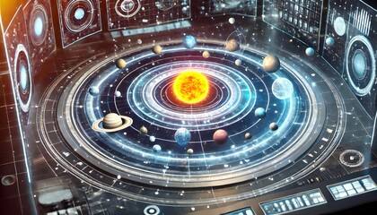 Naklejka premium Detailed Stylized Solar System with Bright Sun and Cosmic Background