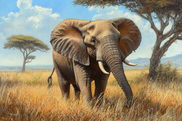 Fototapeta premium The savannah in Namibia, Africa, features an elephant, representing the allure of African travel and safari experiences