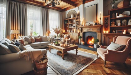 Cozy Living Room with Fireplace and Warm Decor