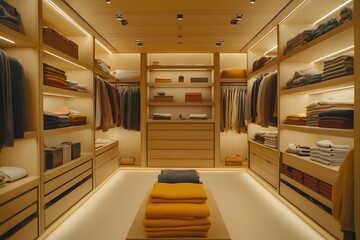 洗練されたデザインの広々としたウォークインクローゼットと整然と並んだ衣類 | Spacious Walk-In Closet with Elegant Design and Neatly Arranged Clothes