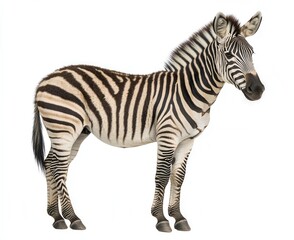 A female Plain Burchell's Zebra standing in profile against a white backdrop