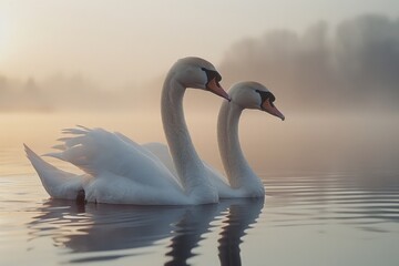 Obraz premium Elegant Swans Gliding on Serene Misty Lake at Twilight