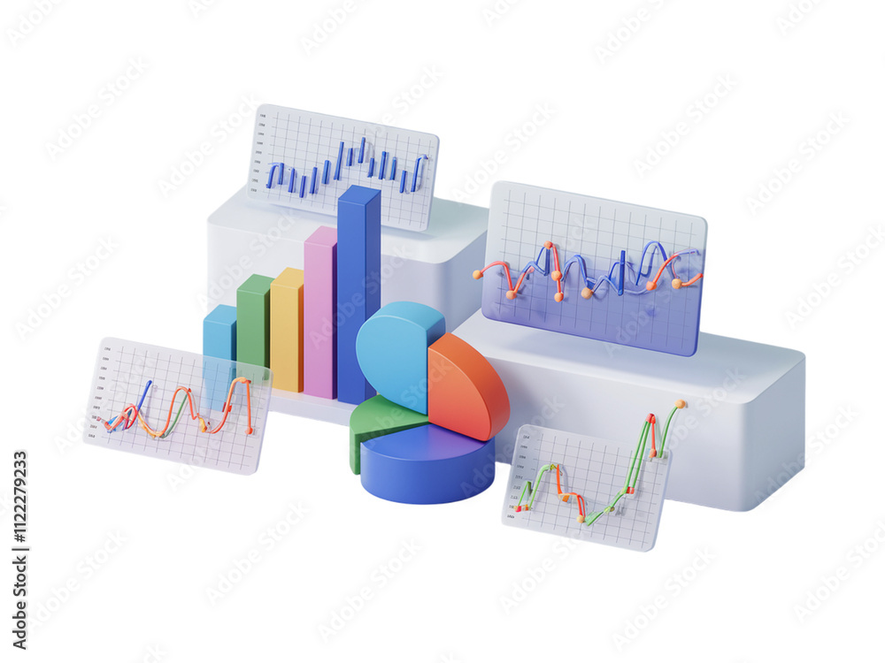 Poster colorful 3d charts and graphs showcasing data analysis and trends in a modern business environment