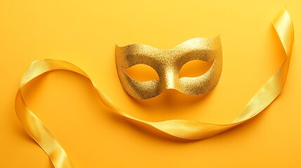 Golden Glitter Mask with Yellow Ribbon on Yellow Background