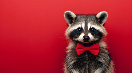 Fototapeta premium Charming raccoon wearing a red bow tie against a vibrant red background, ideal for promotional designs in event planning, invitations, and festive celebrations