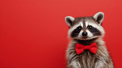 Fototapeta premium Charming raccoon wearing a red bow tie against a vibrant red background, ideal for promotional designs in event planning, invitations, and festive celebrations