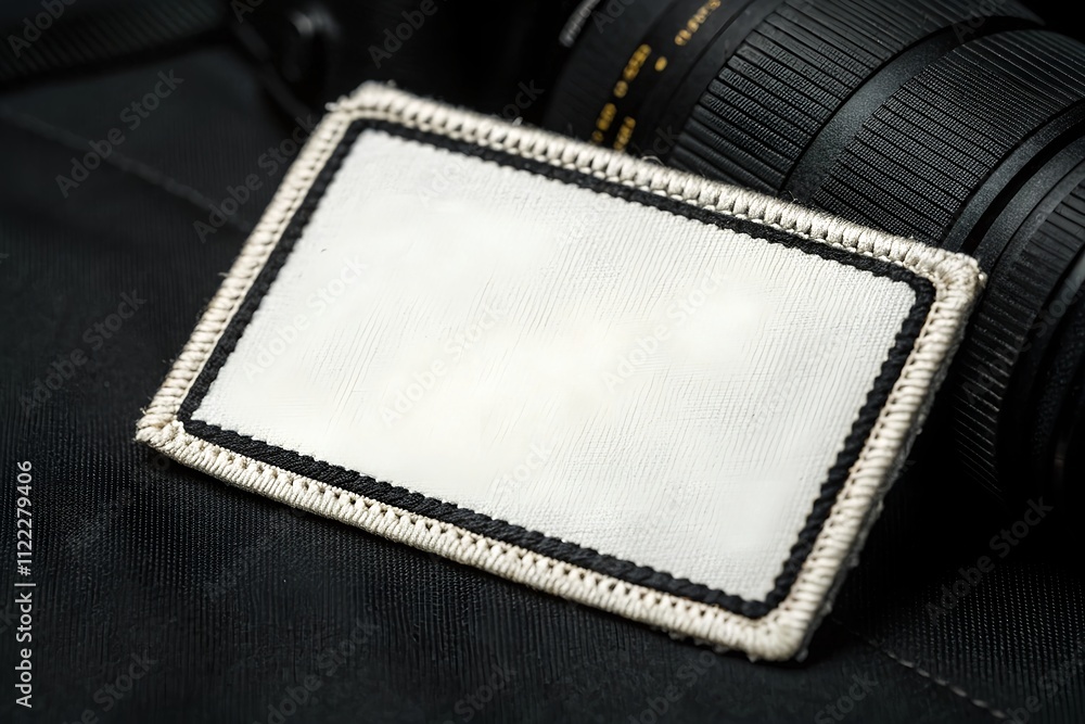 Poster blank rectangular fabric patch mockup with stitched border on black background, perfect for branding