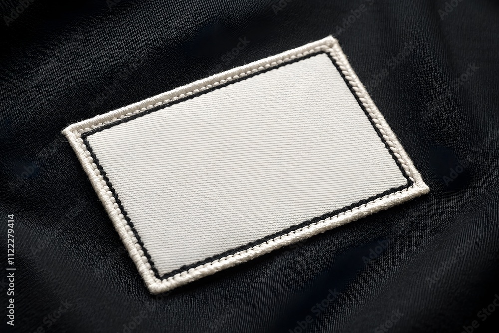 Poster blank rectangular fabric patch mockup with stitched border on black background, perfect for branding