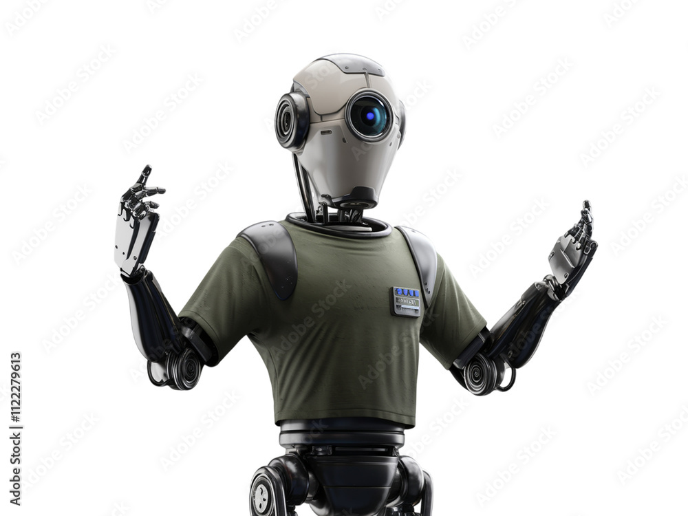 Poster humanoid robot showcasing advanced design and technology in a modern environment with expressive han