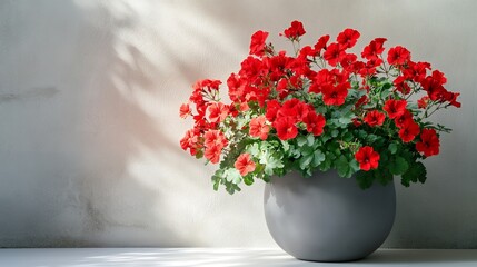 鮮やかな赤いゼラニウムが咲くグレーの植木鉢とシンプルな背景 | Vibrant Red Geraniums in a Gray Pot with a Minimalist Background