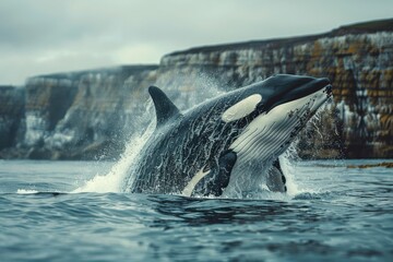 Obraz premium Majestic Whale Breaching Near Coastal Cliffs at Dusk