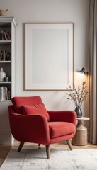 Fototapeta premium Cozy reading corner with red chair, wooden side table, vase, bookshelf, light rug, white framed artwork, warm lighting, and soft parquet floors in a contemporary home interior.