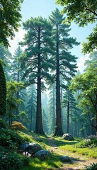 Fototapeta premium The lush greenery and tall trees create a sense of tranquility, tranquil scene, forested area