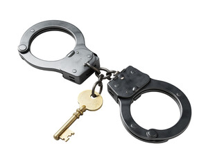 Handcuffs with a key on display, representing law enforcement equipment and security measures in a neutral setting