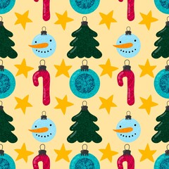 Winter seamless snowman and Christmas tree balls pattern for fabrics and textile