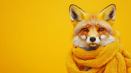 Obraz premium Playful fox wearing a yellow scarf against a bright yellow background, standing on the side of the image, looking forward at the camera, portrait --ar 16:9