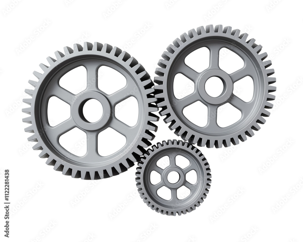 Poster gray gears of different sizes arranged together on a white background showcasing engineering design 