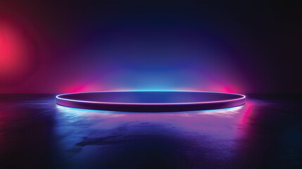 Abstract image of a neon purple stand on a futuristic dark background with copy space.