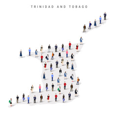 Trinidad and Tobago population map. Large group of realistic a diverse crowd of people figures in a shape of Trinidad and Tobago map. Flat vector illustration isolated on white.