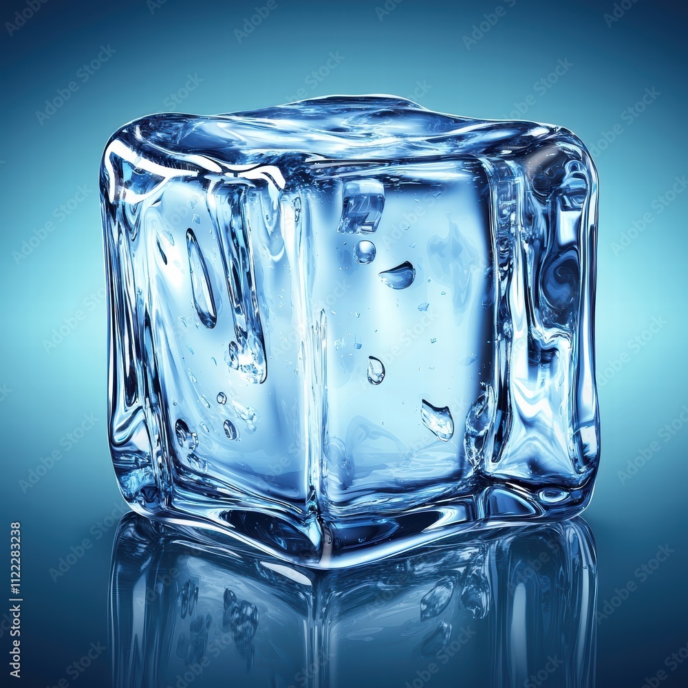 Poster crystal clear ice cube on reflective surface with soft blue background