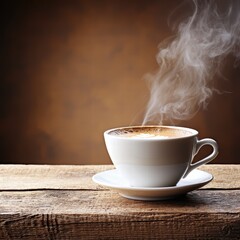 Fototapeta premium Warm Cup of Coffee with Steam on Rustic Wooden Table