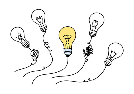 illustration of 5 lamps with tangled wires, one of which shines brightly. business idea symbol