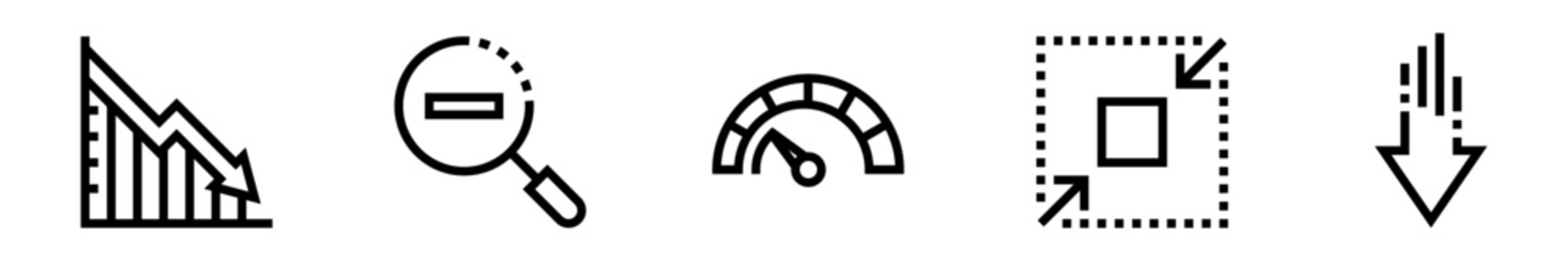 Decrease icon set. Reduction and minimization. Decreasing graph, decrease in speed, reduce size, decline. Vector illustration