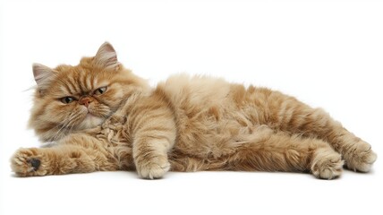 Obraz premium A fluffy orange cat lounges comfortably, showcasing its luxurious fur and relaxed demeanor against a white background.