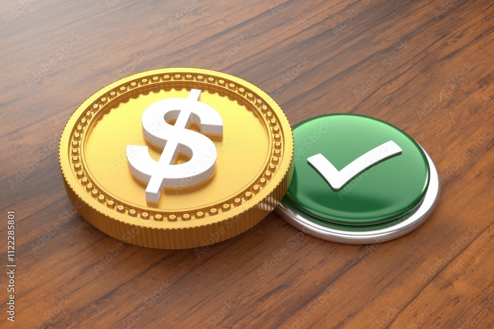 Aufkleber a gold coin with a dollar sign and a green checkmark button symbolize financial approval or successf