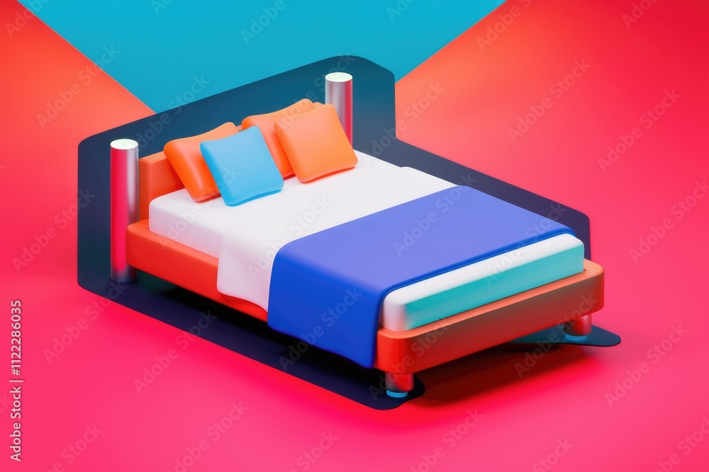 Poster a minimalist 3d rendering of a bed with colorful pillows and bedding against a vibrant background.