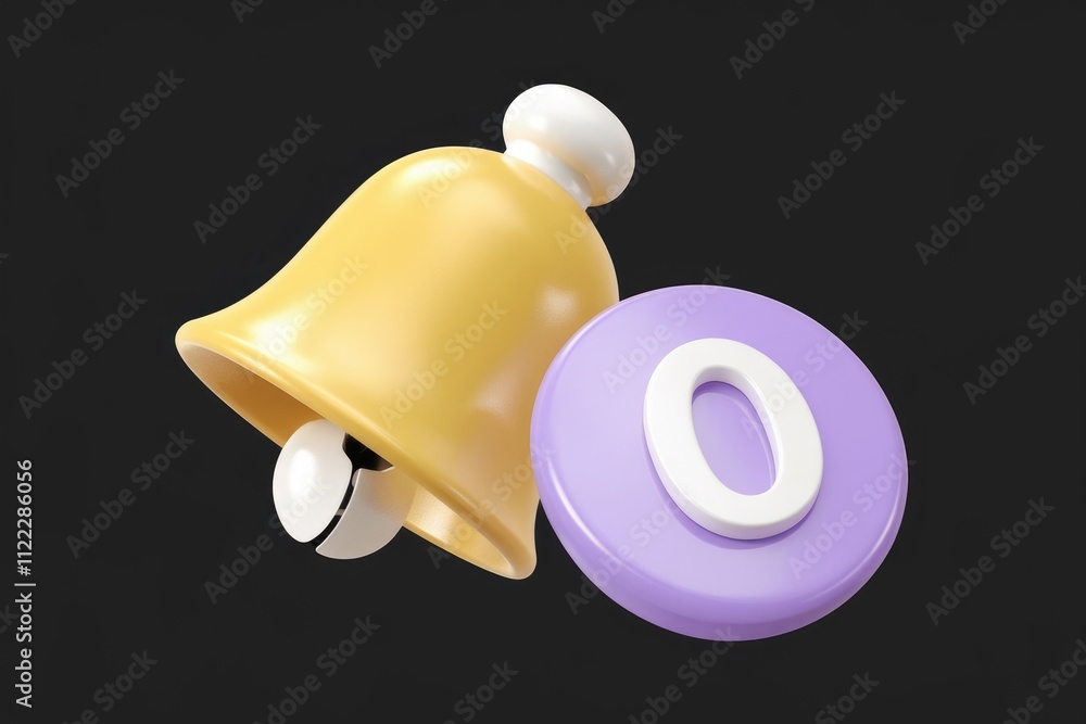 Poster a 3d render of a yellow bell and a purple circle with the number zero.