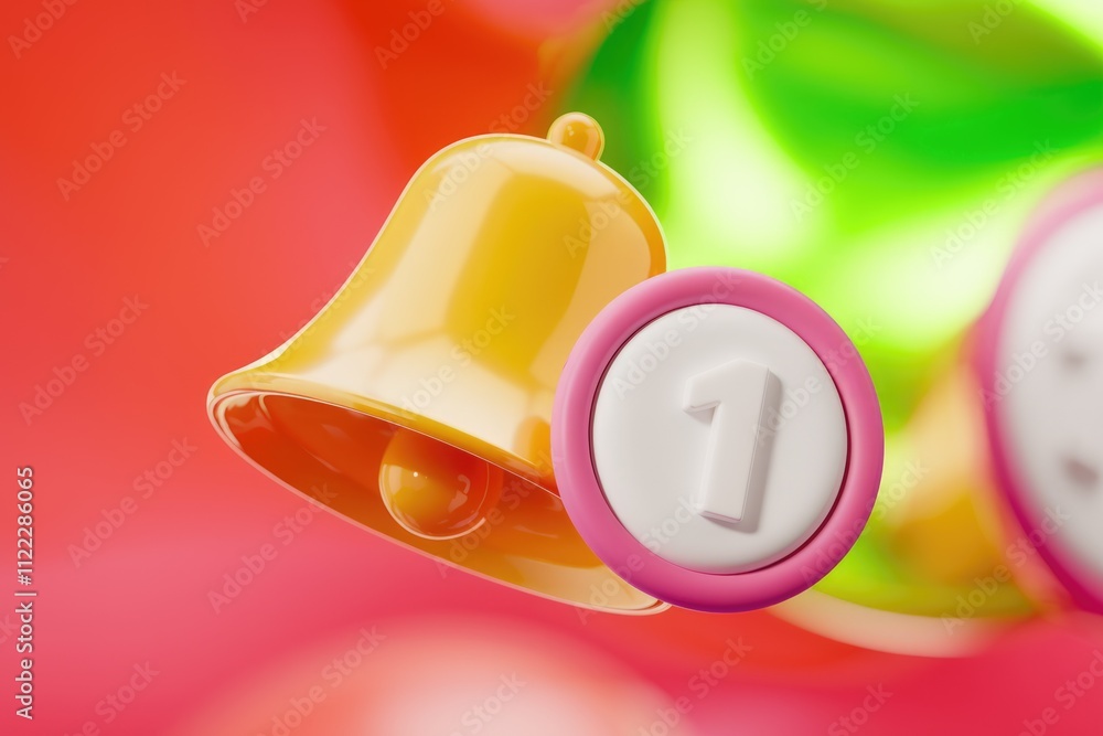 Aufkleber a yellow bell with a pink circle showing the number one, signifying a notification.