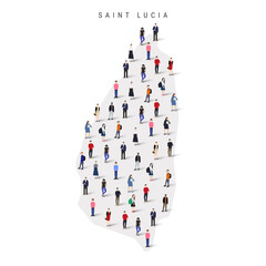 Saint Lucia population map. Large group of realistic a diverse crowd of people figures in a shape of Saint Lucian map. Flat vector illustration isolated on white.